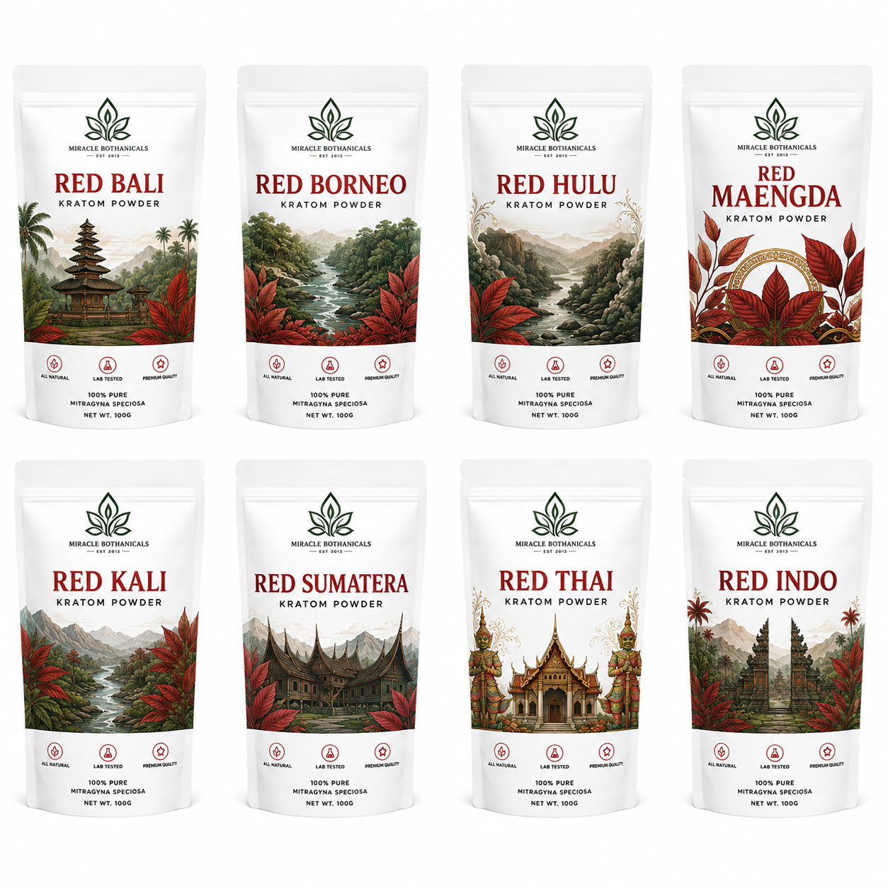 Miracle Botanicals Red Strain kratom — overview of all red variants